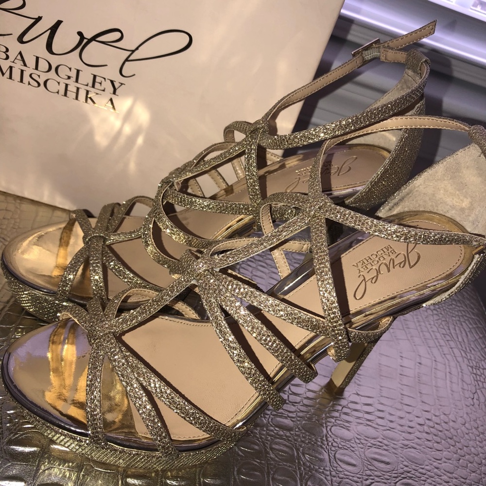 Jewel Badgley Mischka gold strappy heels